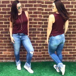 KANCAN KC9169M Medium Wash Fringe Skinny Jeans